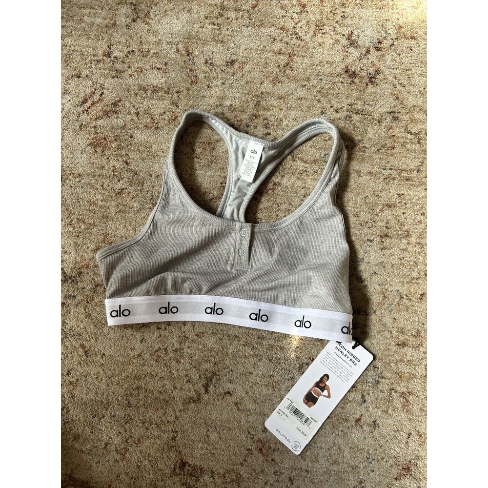 NWT alo Icon Ribbed Henley Bra Heather Gray size small